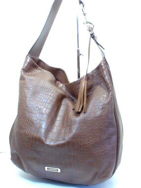 Coach Brown Leather Hobo, Croc Embossed, Silver Hardware with Tassel